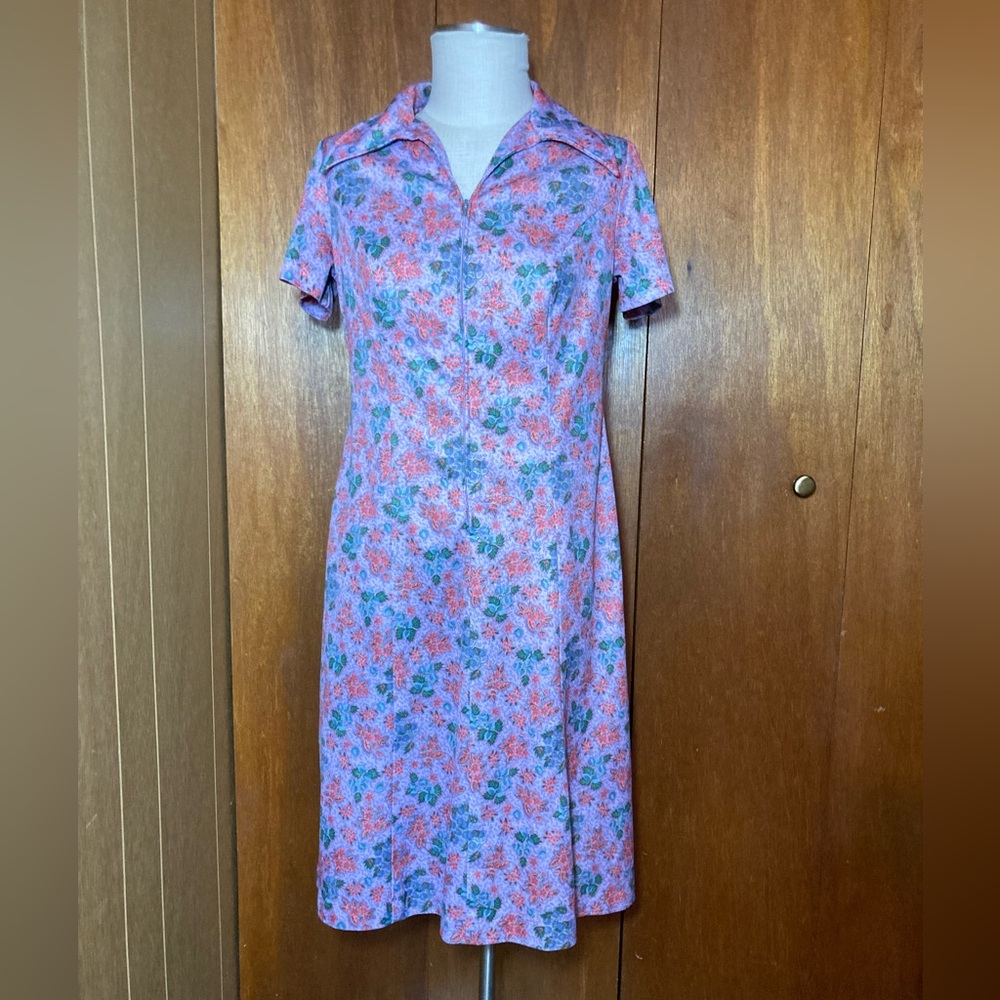 Vintage 60s 70s Homemade Floral Polyester Shift Dress Women’s Lavender